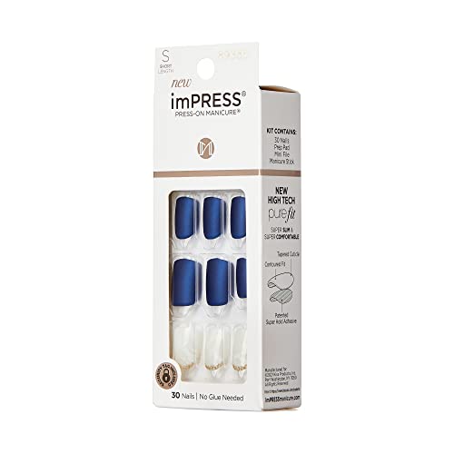 KISS imPRESS No Glue Mani Press On Nails, Design, 'Flawless', Gray, Short Size, Squoval Shape, Includes 30 Nails, Prep Pad, Instructions Sheet, 1 Manicure Stick, 1 Mini File