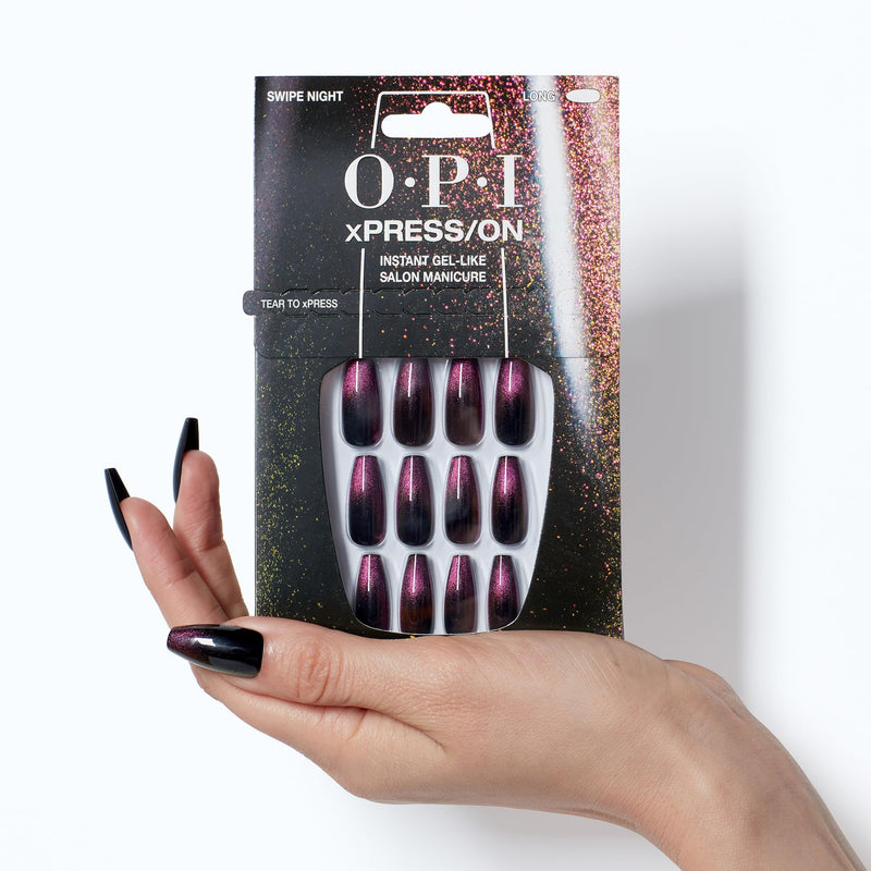 OPI xPress/ON Press On Nails, Up to 14 Days of Gel-Like Salon Manicure, Vegan, Sustainable Packaging, With Nail Glue, Long Silver Holographic Coffin Shape Nails, IYKYK