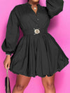 Notched Button Up Balloon Sleeves Dress