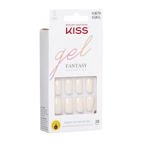 KISS Gel Fantasy Press On Nails, Nail glue included, Bookworm', Off White, Medium Size, Almond Shape, Includes 28 Nails, 2g Glue, 1 Manicure Stick, 1 Mini File, 1 Adhesive Tab