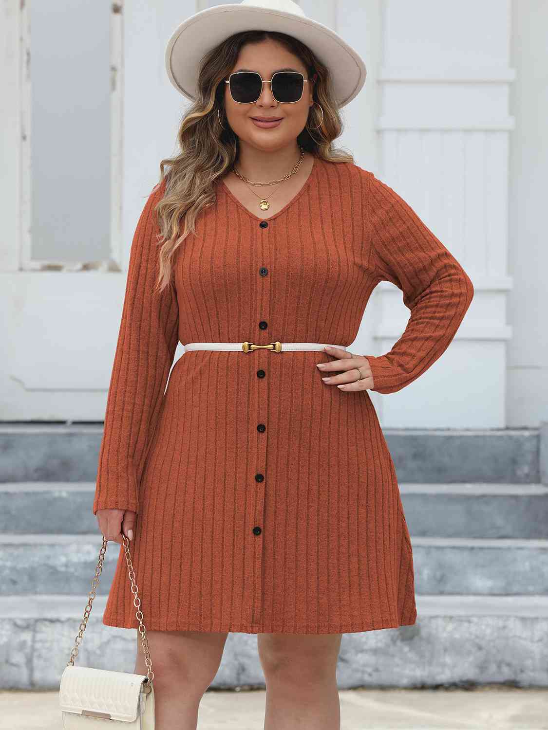 Plus Size Ribbed Buttoned V-Neck Long Sleeve Dress