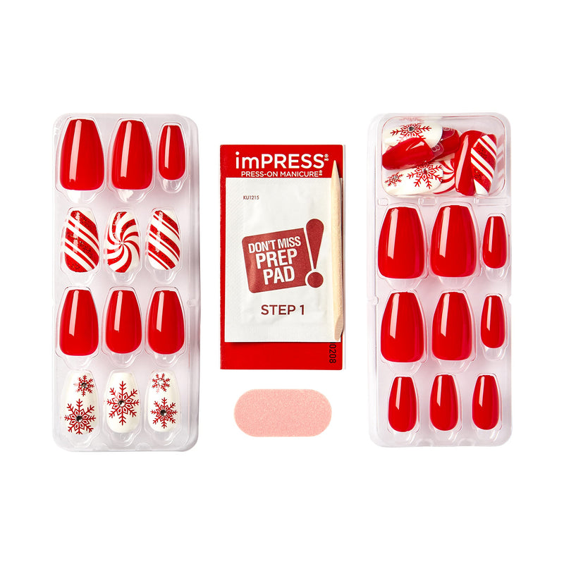 KISS imPRESS Limited Edition Holiday Press-On Manicure with PureFit Technology, Medium Length, Coffin Shaped, Red Press-On Nails, Style 'Tis the Season’