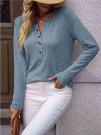 Round Neck Buttoned Long Sleeve T-Shirt