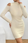 Ribbed Turtleneck Cold Shoulder Long Sleeve Mini Dress